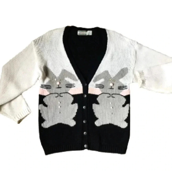Vintage cozy cardigan cottage core  sweater black and white bunny print style - Picture 9 of 14